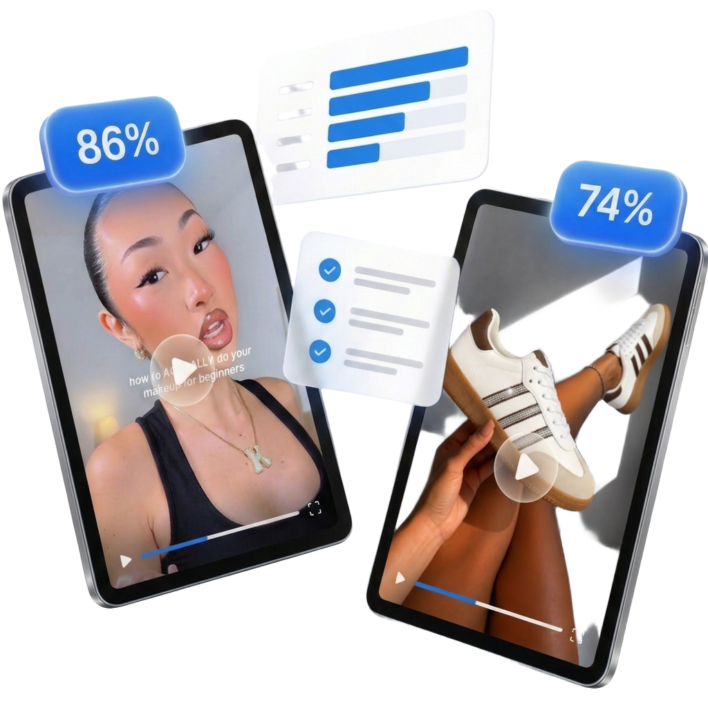 Two floating tablets showing social video ads — one playing a creator's makeup tutorial — with glowing blue score badges and floating analytics cards